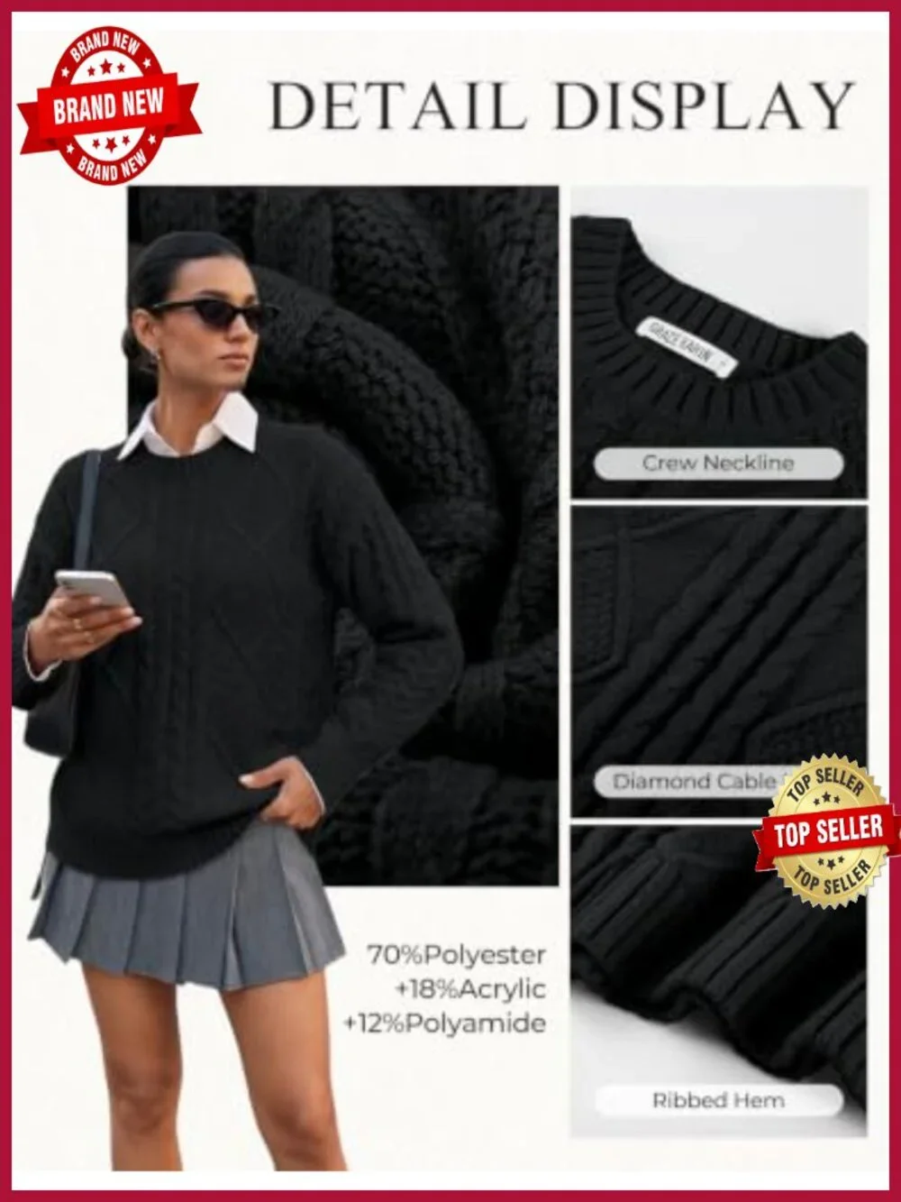 Women's Oversized Crew Neck Cable Knit Sweater - Soft Chunky Pullover, Fall